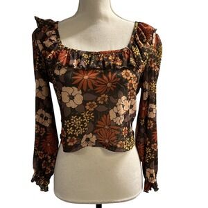 Miss Selfridge Top Brown Sheer Retro‎ Floral Crop Size 8 Boho Hippie Festival